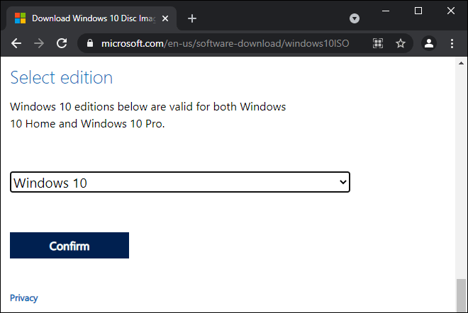 Scroll Down And Select Edition Of Windows 10 And Click On Confirm Button