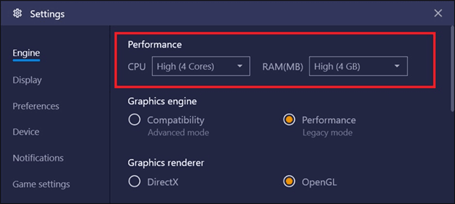 Select Engine Tab From Left And Scroll To Performance Section