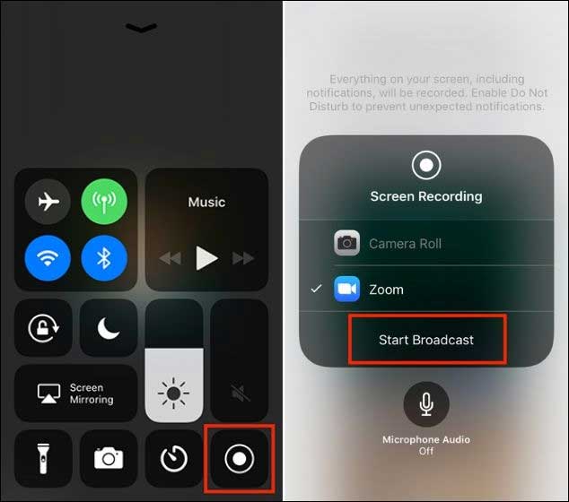 Start Screen Recording from Control Center and Start Screen Broadcast