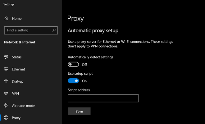 Disable Automatically Detect Settings And Enable Use Setup Script To Configure Proxy In Windows 10