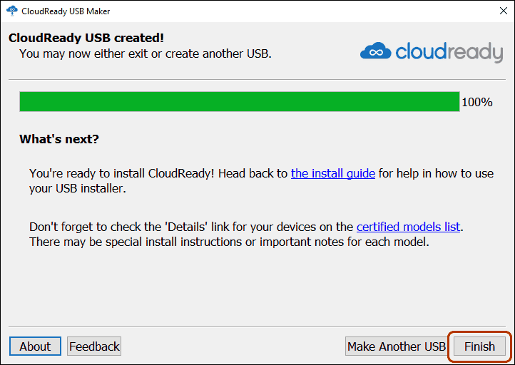 Click Finish To Exit Cloudready Usb Installer Wizard