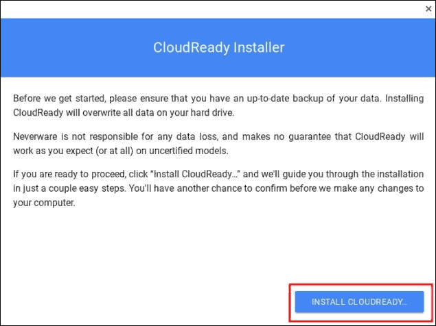 Click Install Cloudready Button To Start Chrome Os Install