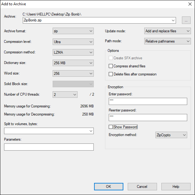 Provide Name For Your Zip Bomb And Set The Compression Level And Click Ok