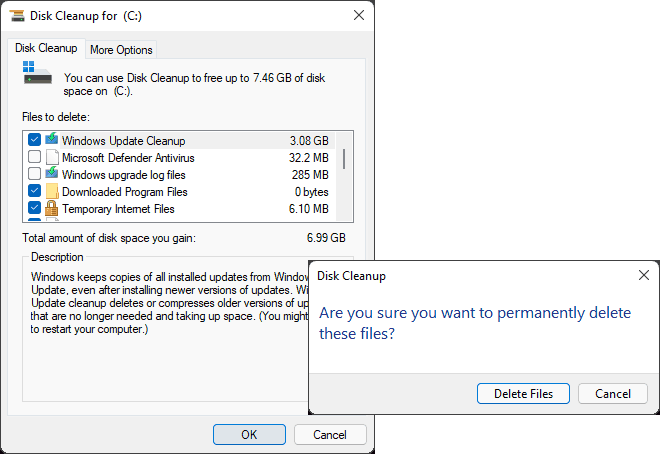 Click Ok And Then Delete Files To Clean Up C Drive Space In Windows 11 And 10