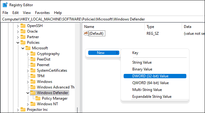 Go To Windows Defender Key In Registry Editor And Create New DWORD to disable Microsoft defender windows security antivirus in windows 11 and 10