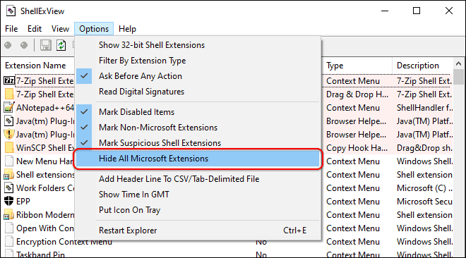 Click Options And Select Hide All Microsoft Extensions