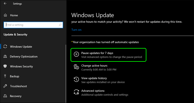 Pause Automatic Windows Updates For 7 Days