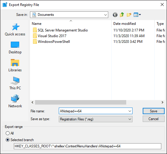 Save Exported Registry Key At Desired Location