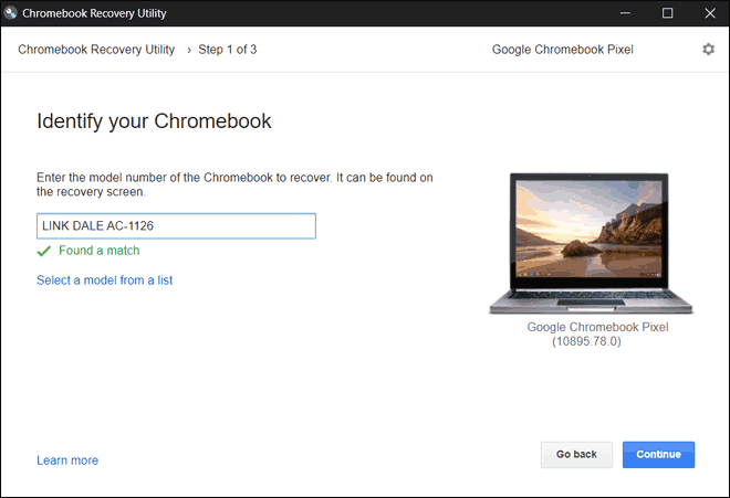 Select Make And Model Of Your Chromebook And Click Continue