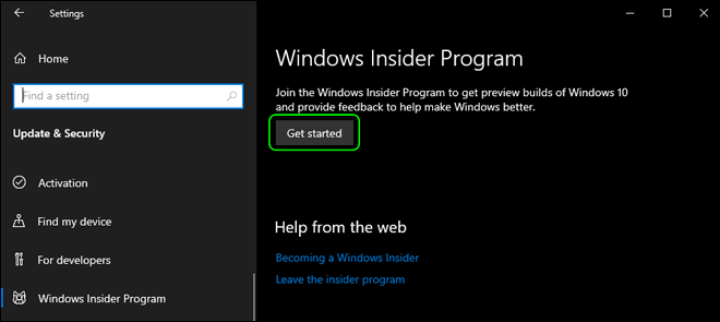 Click Get Started To Enroll In Windows Insider Program