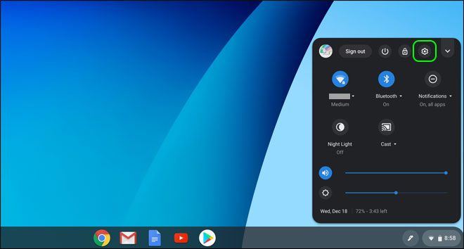 Click Notification Panel And Click Settings To Open Settings In Chromebook