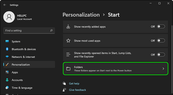 Go To Settings Personalization Start And Click Folders