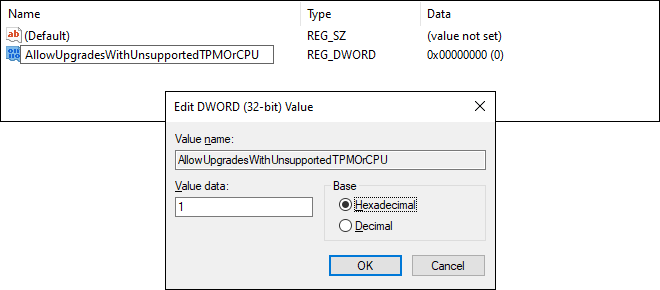 Name Dword As Allow Upgrades With Unsupported Tpm Or Cpu And Set Its Value To 1 - bypass tpm and cpu requirements