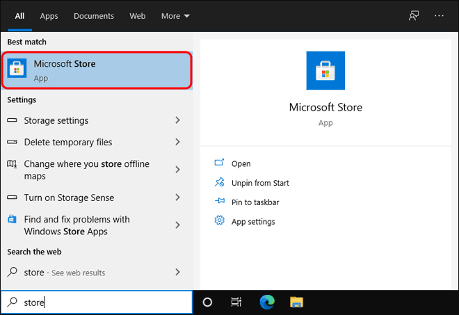 Open Microsoft Store From Start In Windows 10