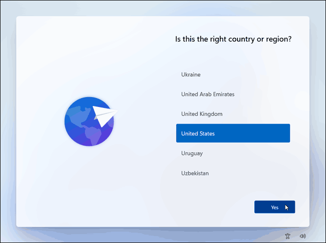 Select Country Or Region And Click Yes To Continue Windows 11 Setup