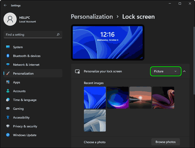 Select Lock Screen type as Picture in Windows 11