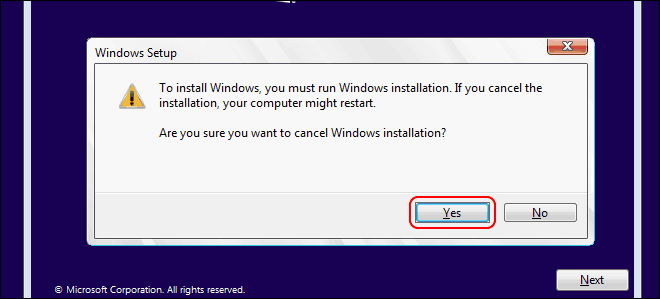 Cancel Windows 10 Installation Setup