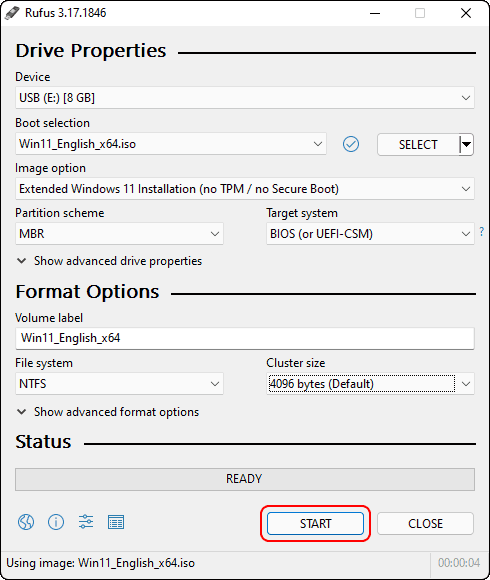 Rufus options for no TPM, no Secure Boot and Legacy BIOS