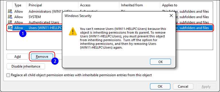 Remove User Failed Due To Permissions Inherited From Folder In Windows