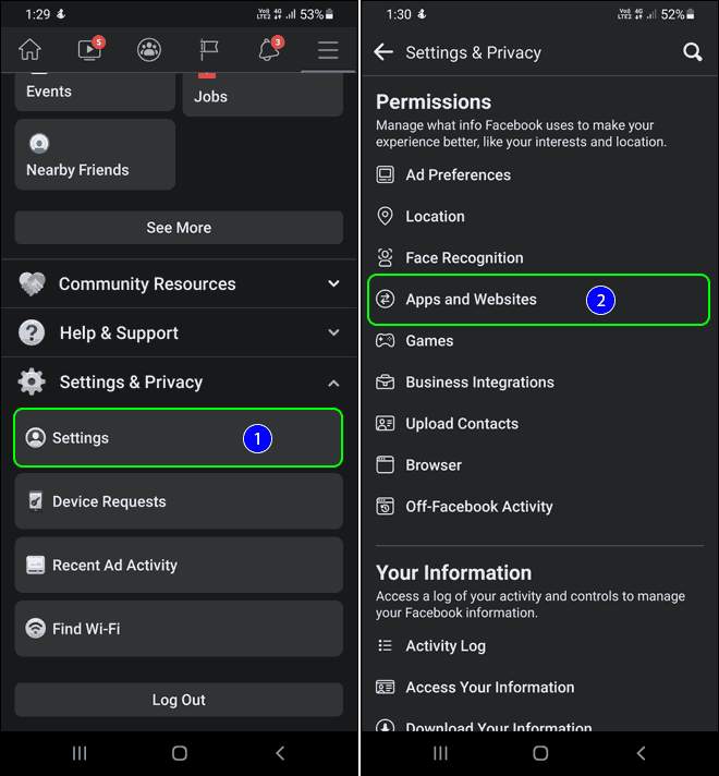 Select Settings Scroll Down To Permissions Section And Tap On Apps And Websites