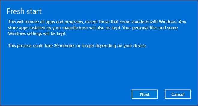 Click Next To Begin Fresh Start In Windows 10
