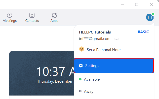 Click Profile And Select Settings To Open Zoom Settings