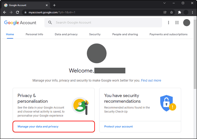 Go To Google Account Page And Click Manage Your Data And Privacy