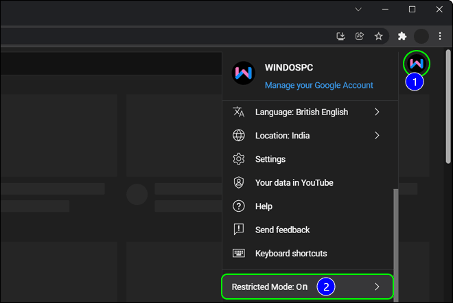 Click On Your Youtube Profile Icon And Select Restricted Moode Option