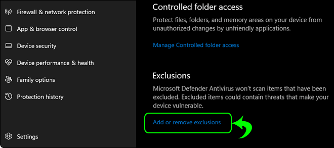 Click Add Or Remove Exclusions Under Exclusions - exclude files and folders from defender