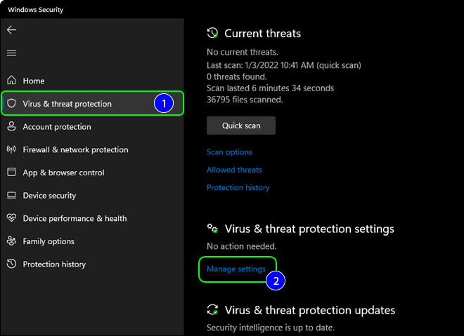In Windows Security Select Virus And Threat Protection And Click Manage Settings Under Virus And Threat Protections Settings