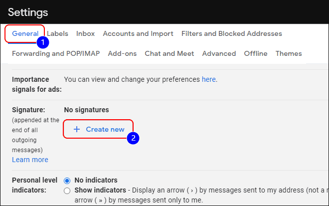 On The General Tab Scroll Down To Signatures And Click Create New