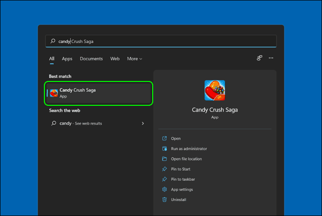 Search And Run Candy Crush Android App From Windows 11 Start