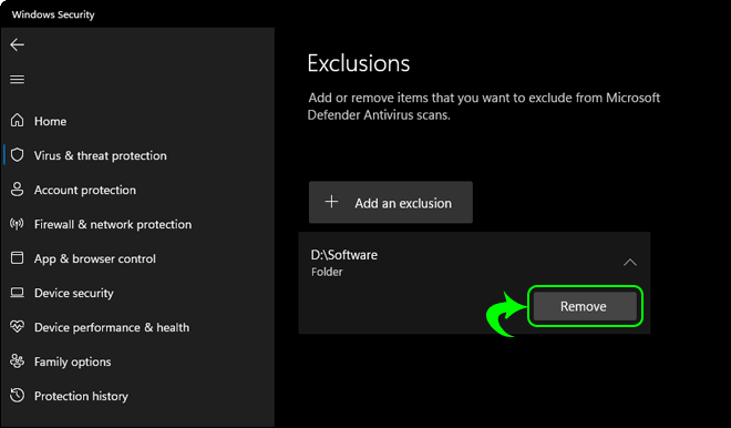 Select An Exclusion And Click Remove Button To Delete It