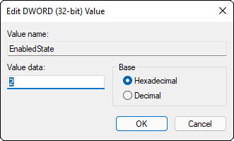 Set Enabled State Dword Value To 2 And Click Ok