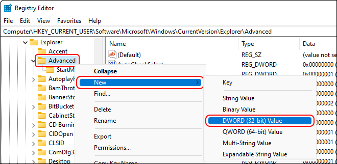 Create A New Dword In Explorer Advanced Registry Key Location