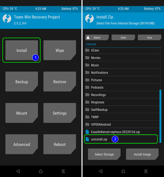 Go To Twrp Recovery Tap On Install And Select The Uninstall Zip File