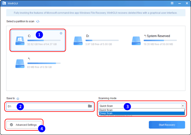 Select Source Destination Drives Scanning Mode And Click Advanced Settings