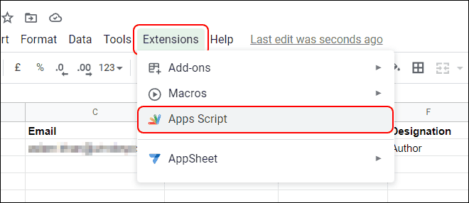 Click Extensions and select the Apps Script option
