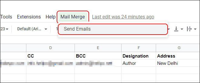 Click Mail Merge and select Send Emails to send bulk emails using gmail