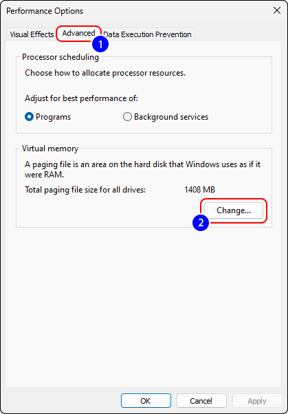 Go To Advanced Tab And Click On Change Under Virtual Memory to modify the size of virtual memory in Windows 11 or 10