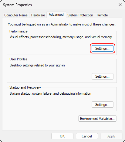 In System Properties Click Settings Under Performance